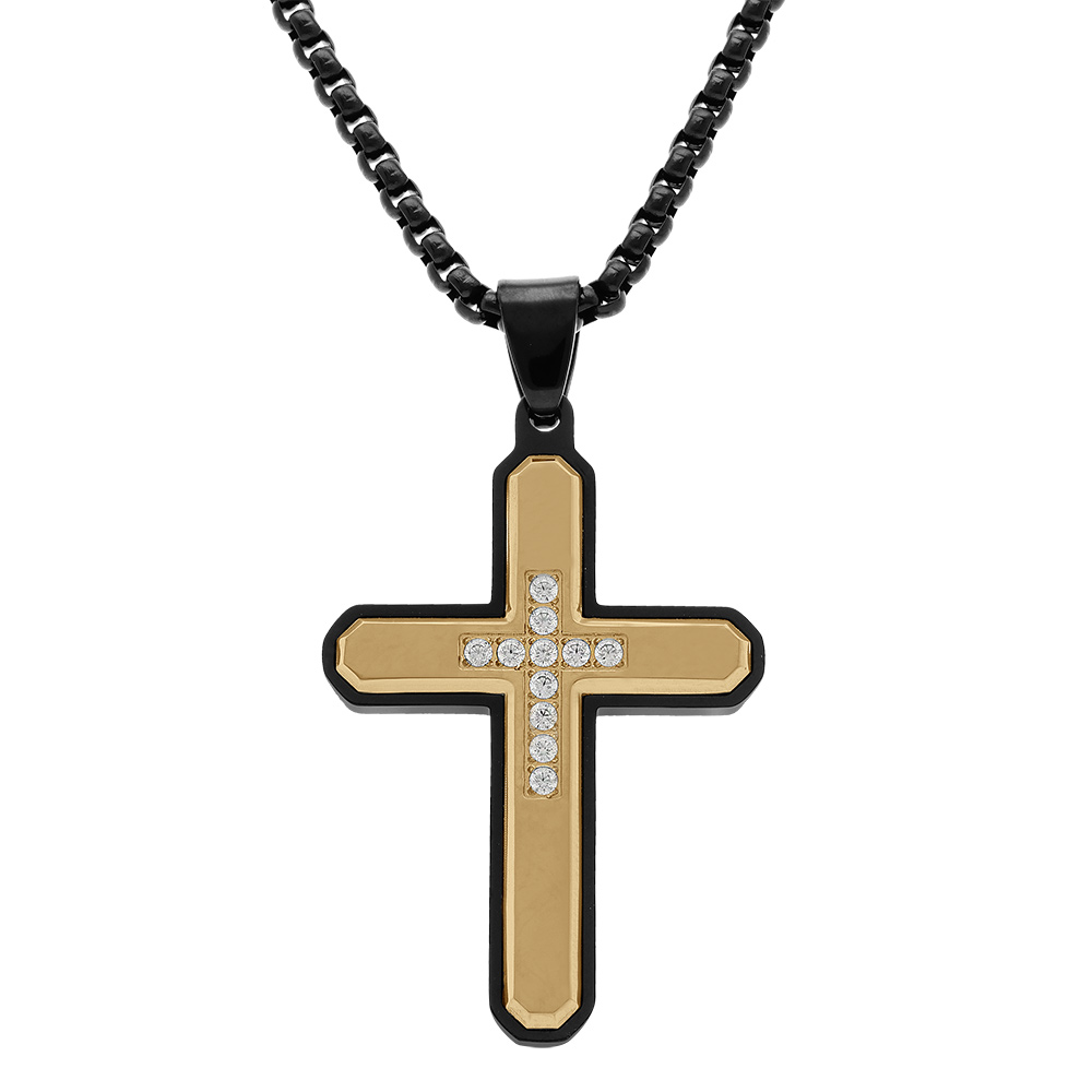 Collier en acier cha�ne PVD noir pendentif croix dor� 39x27mm avec oxydes blancs  - 50+10cm - Vue 1