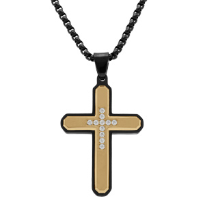 Collier en acier chaîne PVD noir pendentif croix doré 39x27mm avec oxydes blancs - 50+10cm - Vue 1
