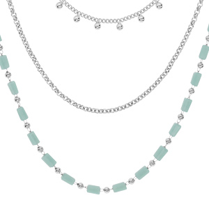 Collier en acier chaîne 3 rangs avec perles de verre couleur bleue 41/45/50cm - Vue 1