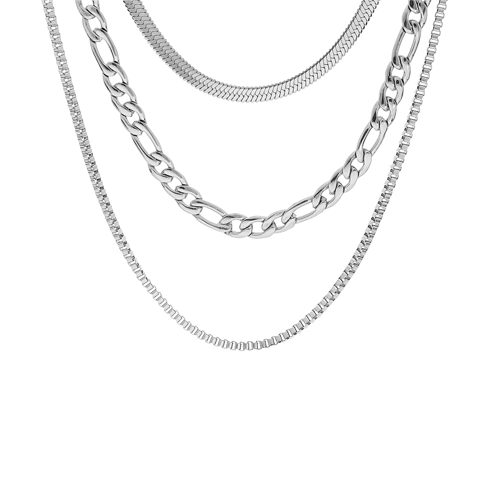 Collier en acier 3 cha�nes avec 3 maillages diff�rents longueur 38+5cm - Vue 1
