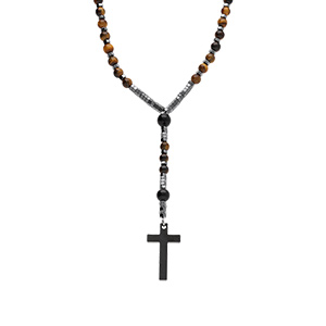 Collier en acier chapelet boules diam�tre 6 et 8 et croix 35mm x 20mm PVD noir sans fermoir - 70cm
