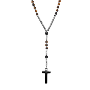 Collier en acier chapelet boules fonc�es, croix 27mm x 15mm PVD noir sans fermoir  - 70cm