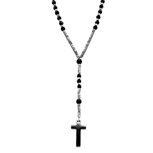 Collier en acier chapelet boules noires et croix 27mm x 15mm PVD noir sans fermoir  - 70cm