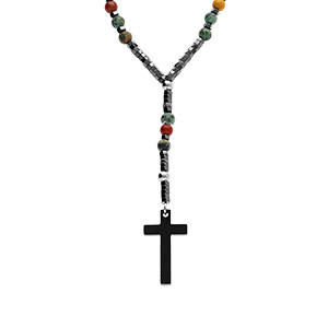 Collier en acier chapelet diffrentes boules diamtre 6 et 8 multi et croix 35mm x 20mm PVD noir sans fermoir - 70cm