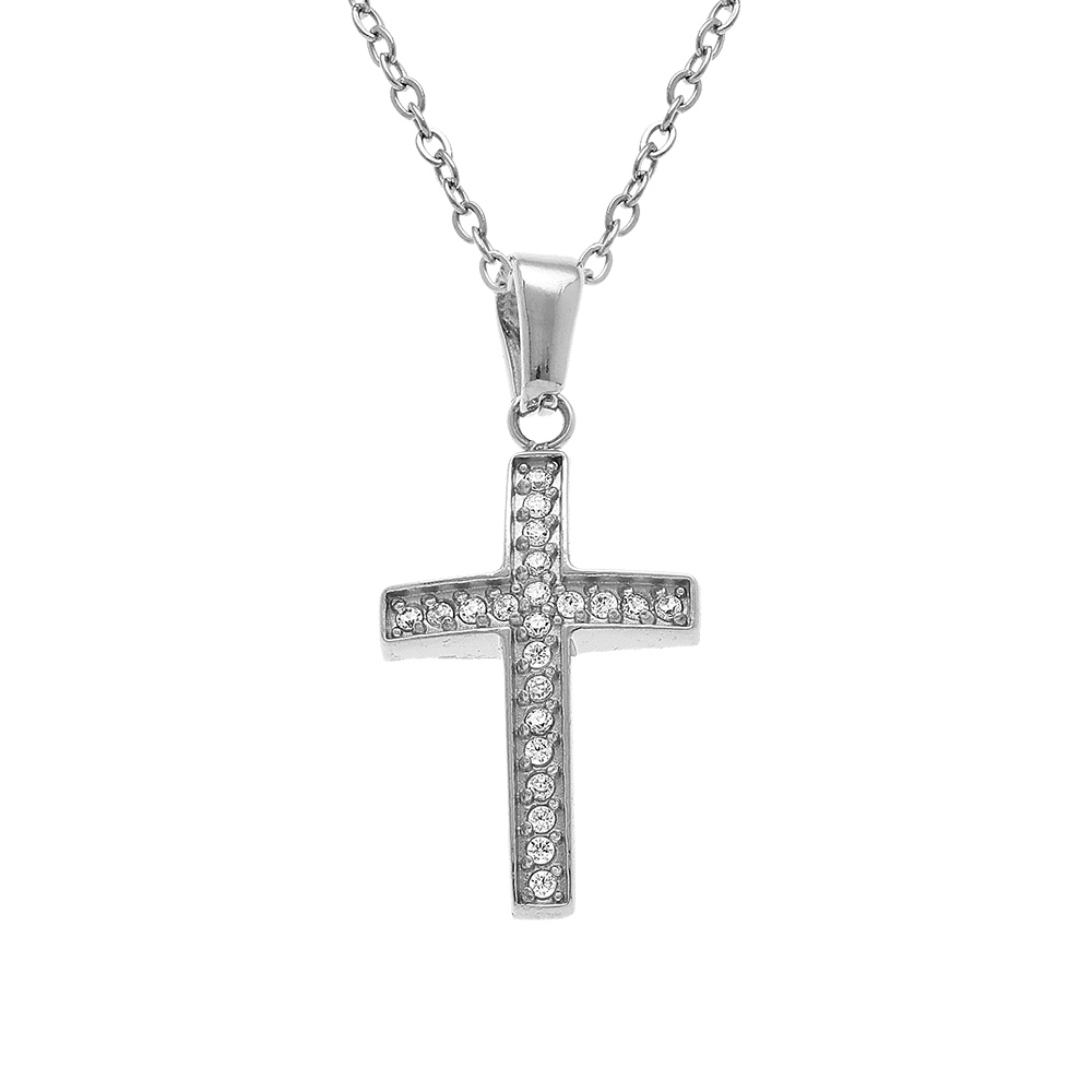 Collier en acier croix 17mm x 10mm avec oxydes blancs sertis - 40+5cm - Vue 1