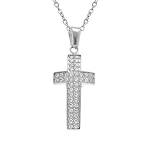 Collier en acier croix 20mm x 10mm oxydes blancs sertis - 40+5cm
