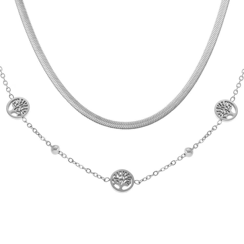 Collier en acier deux rangs une cha�ne plate et l\'autre boules motif arbre de vie  - 40+6cm - Vue 1