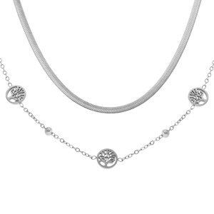 Collier en acier deux rangs une chane plate et l'autre boules motif arbre de vie  - 40+6cm