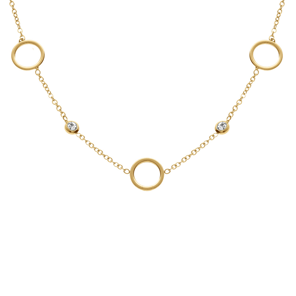 Collier en acier dor� avec cercles �vid�s et oxydes blancs sertis clos  - 39+5cm - Vue 1