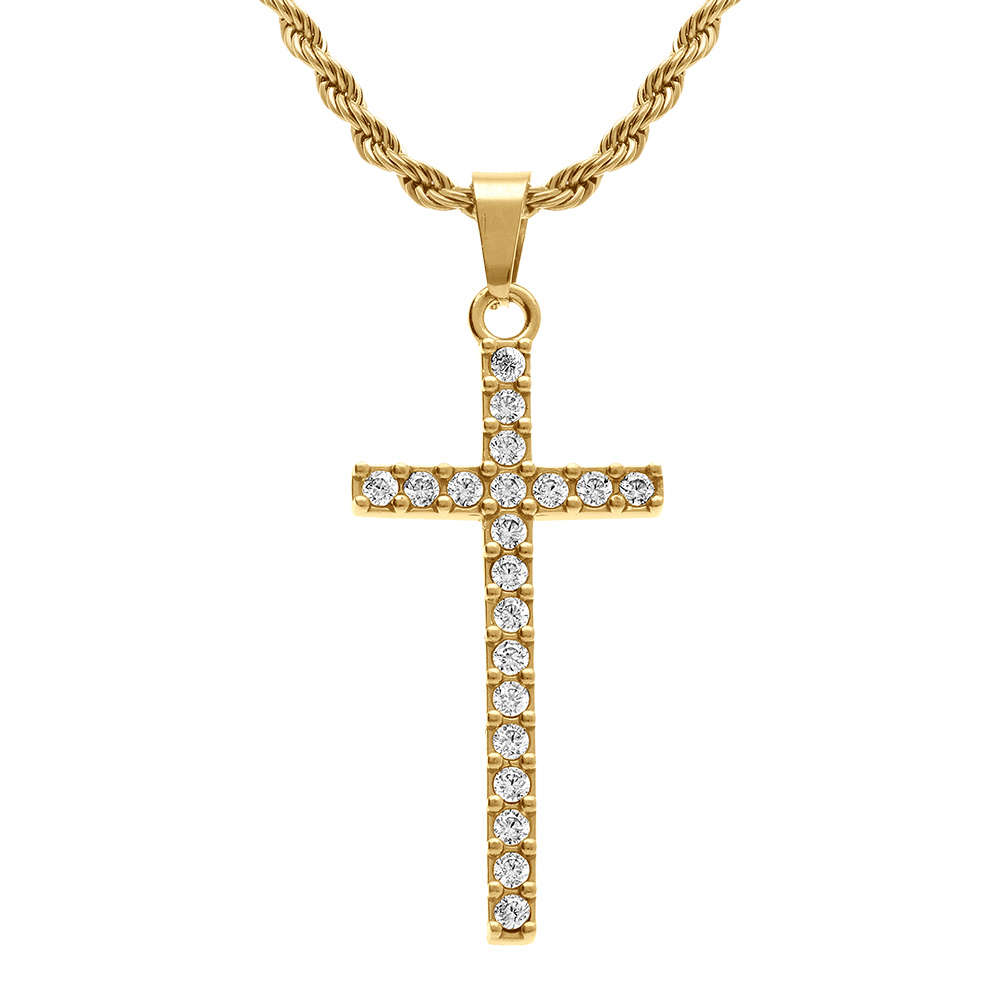 Collier en acier dor� avec cha�ne corde et pendentif croix 30mm x 15mm orn� d\'oxydes blancs - 38+5cm - Vue 1