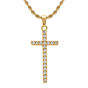 Collier en acier dor� avec cha�ne corde et pendentif croix 30mm x 15mm orn� d'oxydes blancs - 38+5cm