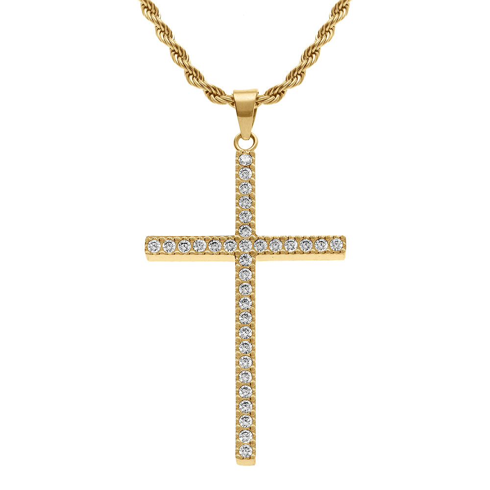 Collier en acier dor� avec cha�ne corde et pendentif grande croix 40mm x 23mm orn� d\'oxydes blancs -  38+5cm - Vue 1