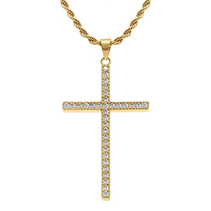 Collier en acier dor� avec cha�ne corde et pendentif grande croix 40mm x 23mm orn� d'oxydes blancs -  38+5cm