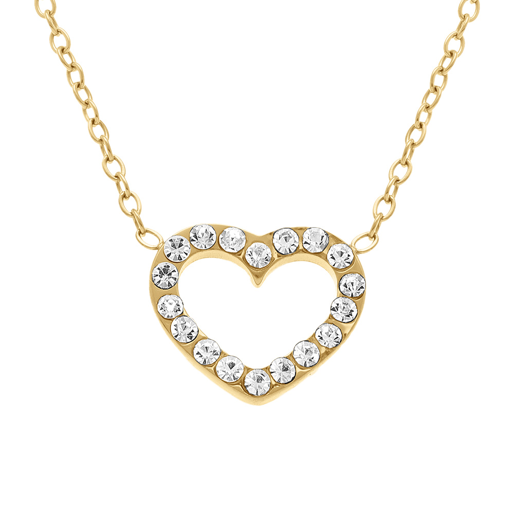 Collier en acier dor� avec coeur entour� d\'oxydes blancs - 42+5cm - Vue 1