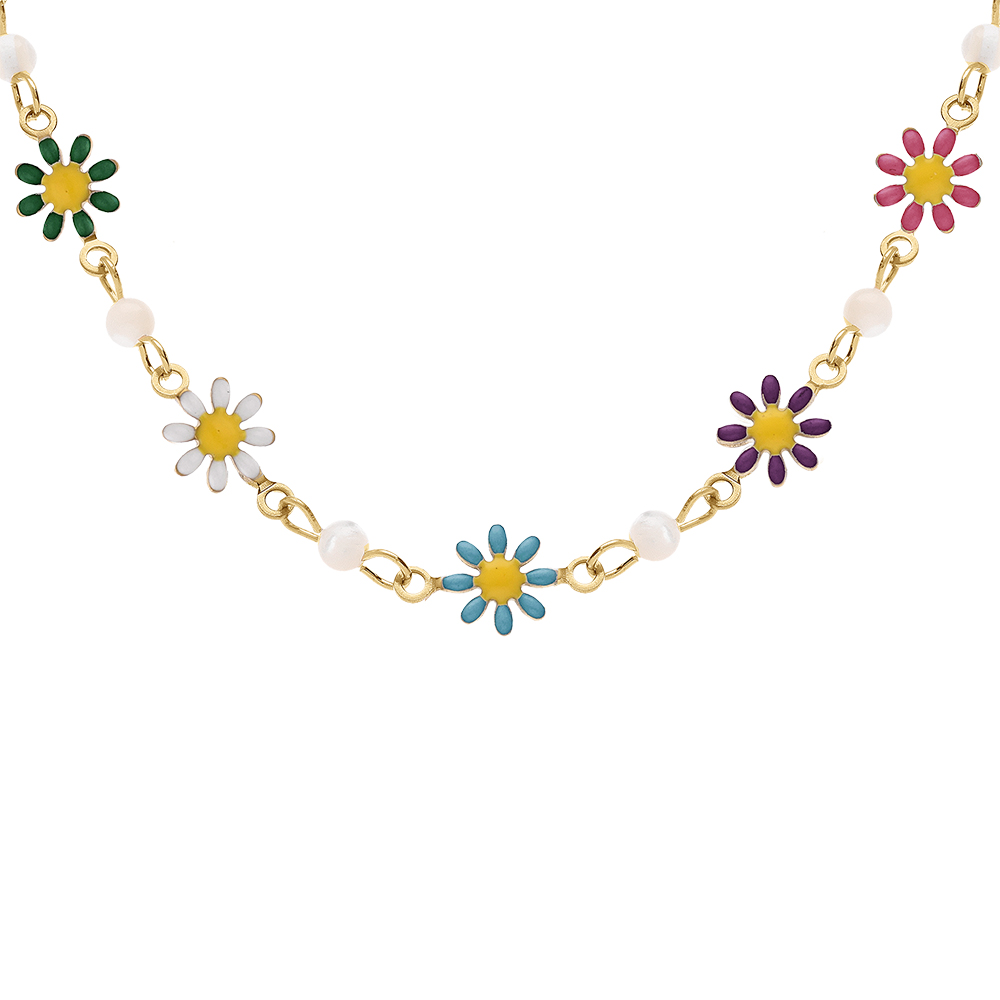 Collier en acier dor avec fleurs rsine multi couleurs et boules de nacre blanche vritable - 35+5cm - Vue 1