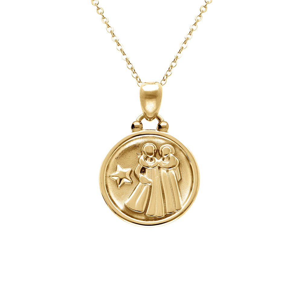 Collier en acier dor� avec m�daille de 15mm zodiaque g�meaux recto verso constellation, 40+10cm - Vue 1