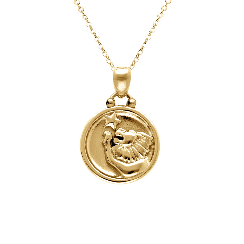 Collier en acier dor� avec m�daille de 15mm zodiaque lion recto verso constellation, 40+10cm - Vue 1