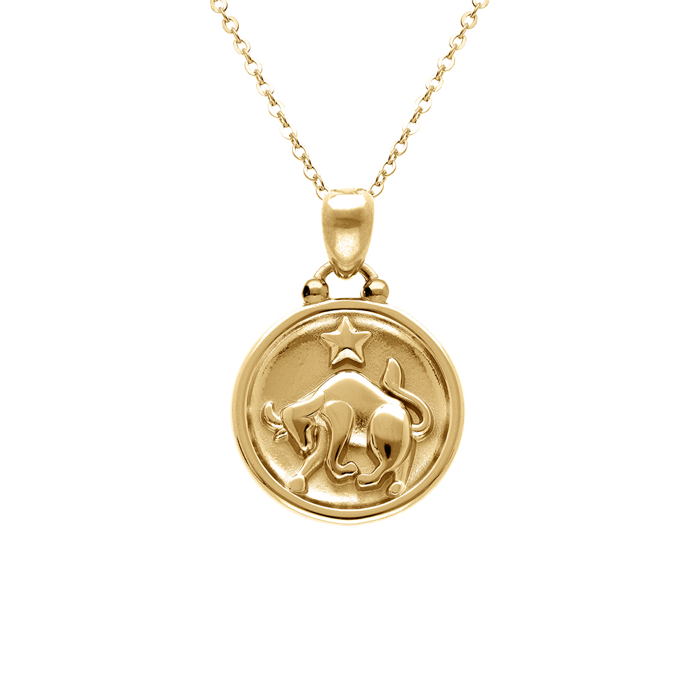 Collier en acier dor� avec m�daille de 15mm zodiaque taureau recto verso constellation,  40+10cm - Vue 1