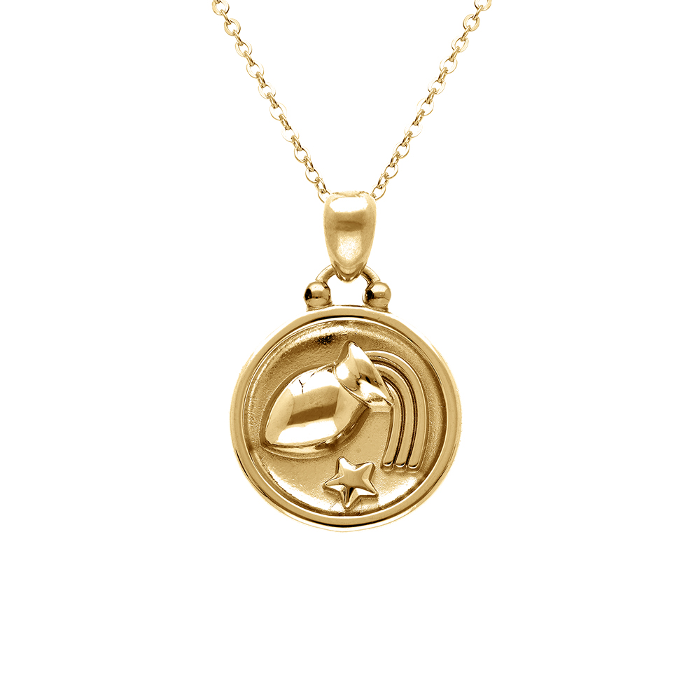 Collier en acier dor� avec m�daille de 15mm zodiaque verseau recto verso constellation,  40+10cm - Vue 1