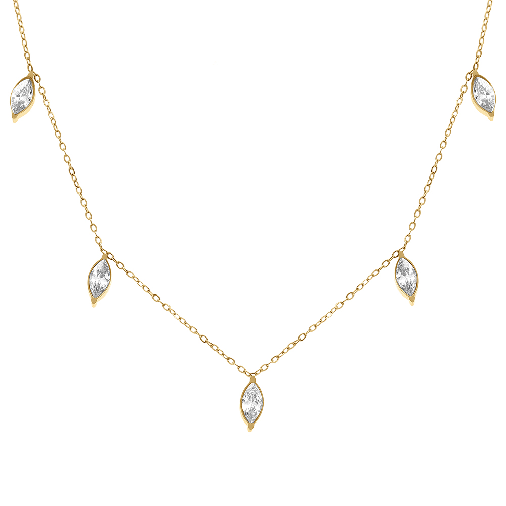 Collier en acier dor� avec pampilles d\' oxydes blancs - 42+5cm - Vue 1