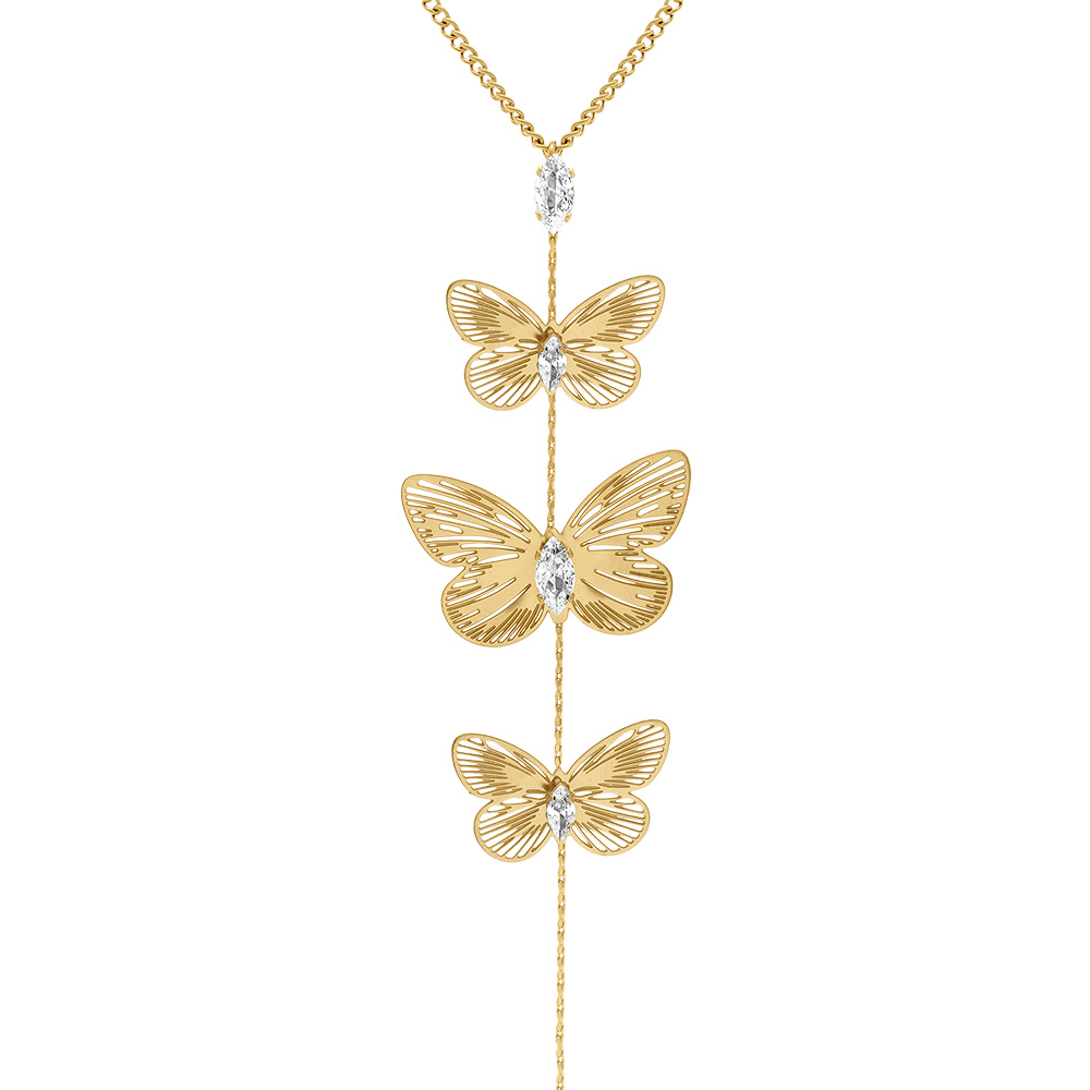 Collier en acier dor� avec pendant trois  papillons et oxydes blancs - Vue 1
