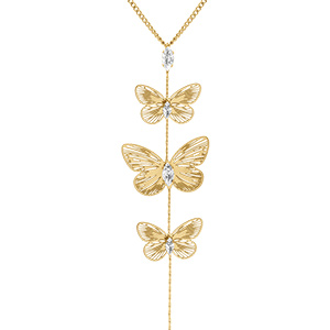 Collier en acier dor� avec pendant trois  papillons et oxydes blancs