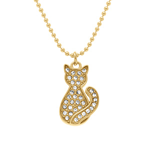 Collier en acier dor� avec pendentif chat 15mm orn� d'oxydes blancs sertis  - 40+5cm