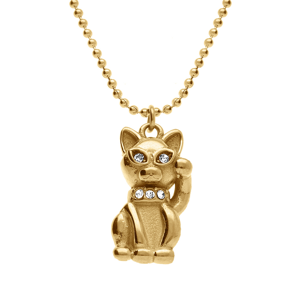 Collier en acier dor� avec pendentif chat 17mm avec oxydes blancs sertis - 40+5cm - Vue 1