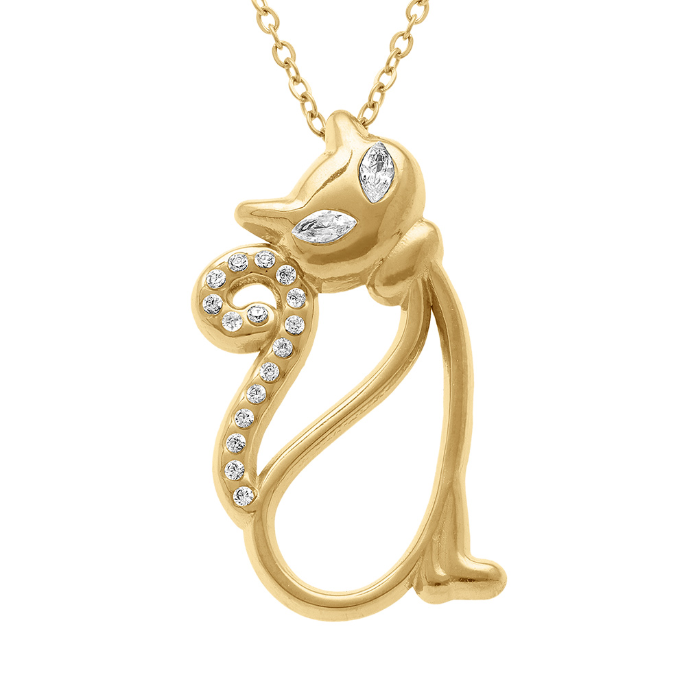 Collier en acier dor� avec pendentif chat corps �vid� et oxydes blancs  - 40+5cm - Vue 1