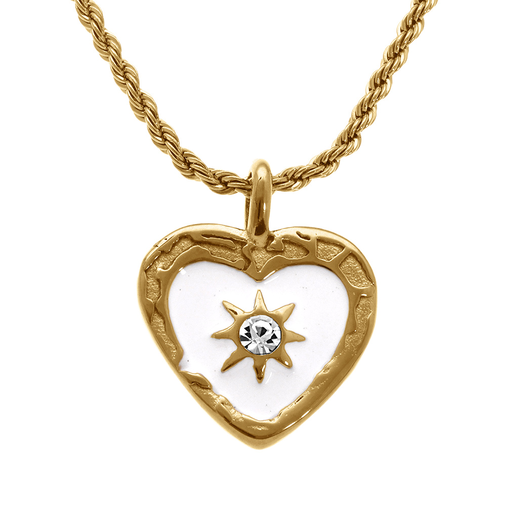 Collier en acier dor� avec pendentif coeur 19x23mm de r�sine blanche et etoile du nord avec oxyde blanc - 45+5cm - Vue 1