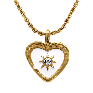 Collier en acier dor� avec pendentif coeur 19x23mm de r�sine blanche et etoile du nord avec oxyde blanc - 45+5cm