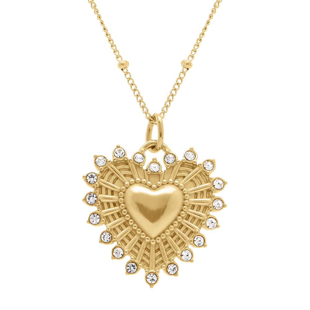 Collier en acier dor� avec pendentif coeur 22mm rayonnant avec contour d\' oxydes blancs - 45+5cm - Vue 1