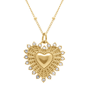 Collier en acier dor� avec pendentif coeur 22mm rayonnant avec contour d' oxydes blancs - 45+5cm