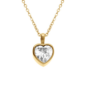 Collier en acier dor� avec  pendentif coeur d'oxyde blanc serti clos - 40+5cm