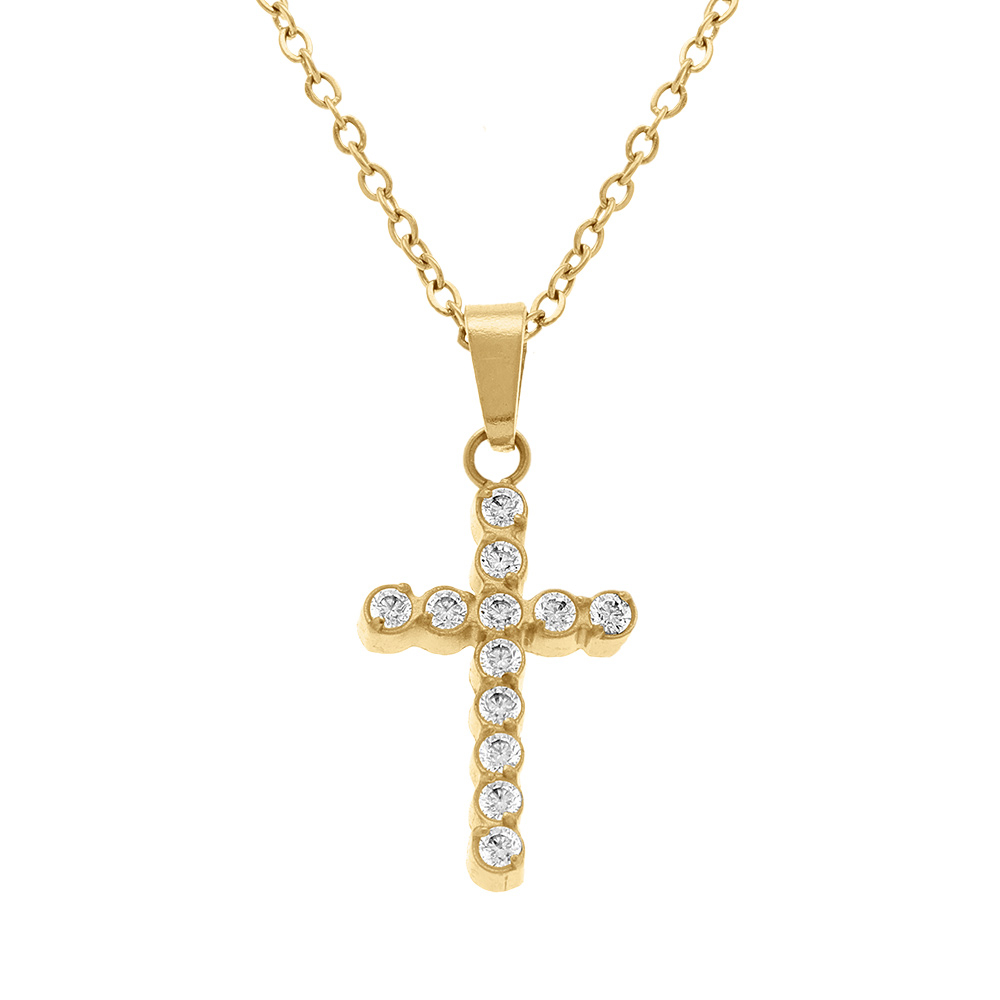 Collier en acier dor� avec pendentif croix 15 x 10mm avrc oxydes blancs sertis clos 42+5cm - Vue 1