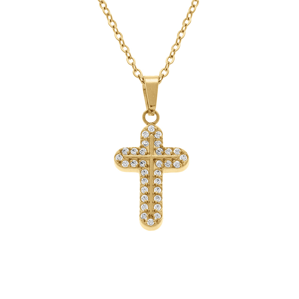 Collier en acier dor� avec  pendentif croix 15 x 10mm orn�e d\'oxydes blancs sertis,  42+5cm - Vue 1