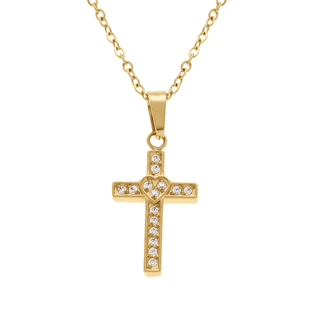 Collier en acier dor� avec pendentif croix droite 15 x 10mm avec coeur et oxydes blancs sertis,  42+5cm - Vue 1