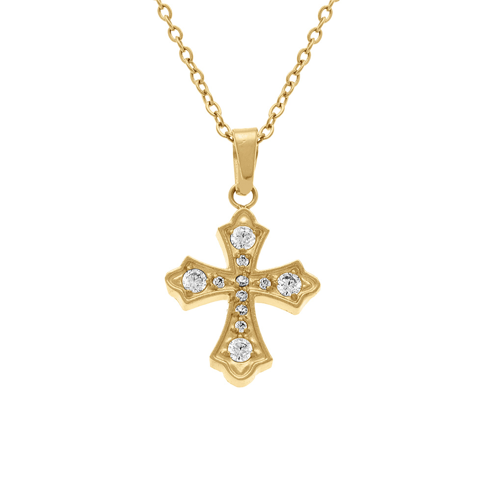 Collier en acier dor� avec pendentif croix et oxydes blancs sertis, 42+5cm - Vue 1
