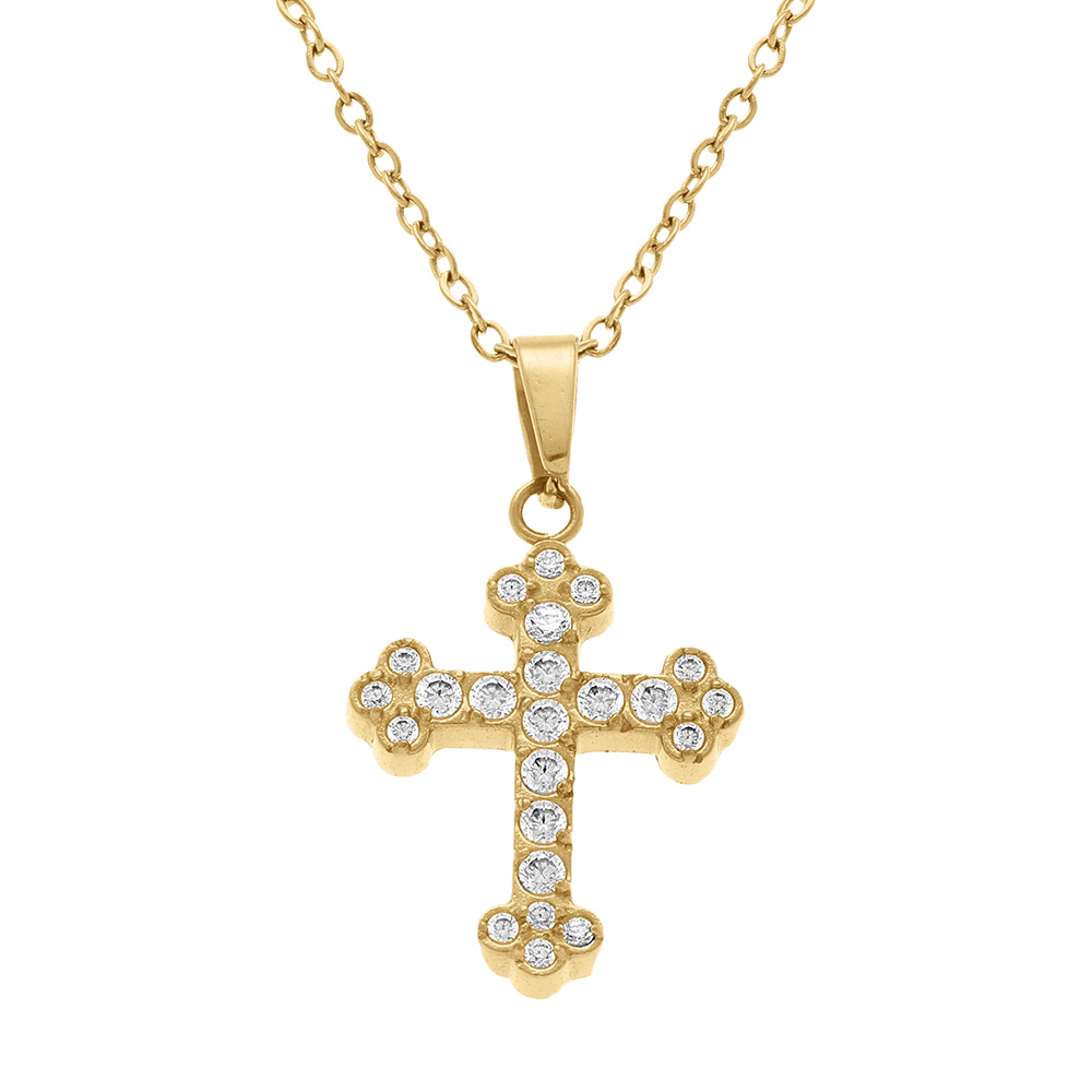 Collier en acier dor� avec pendentif croix stylis� 15 x 12mm oxydes blancs sertis, 42+5cm - Vue 1