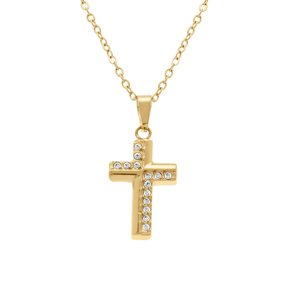 Collier en acier dor� avec pendentif de 15 x 10mm motif croix avec oxydes blancs sertis 42+5cm - Vue 1
