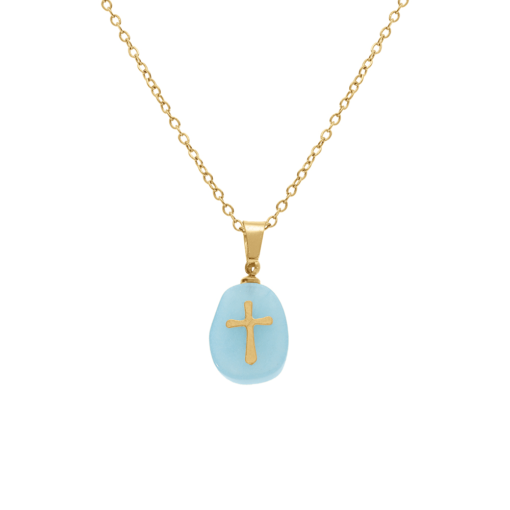 Collier en acier dor� avec pendentif dumortherite v�ritable avec motif croix,  40+6cm - Vue 1