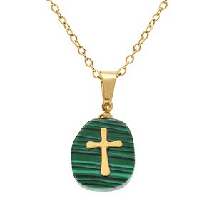 Collier en acier dor� avec pendentif malachite imitation avec croix 40+6cm