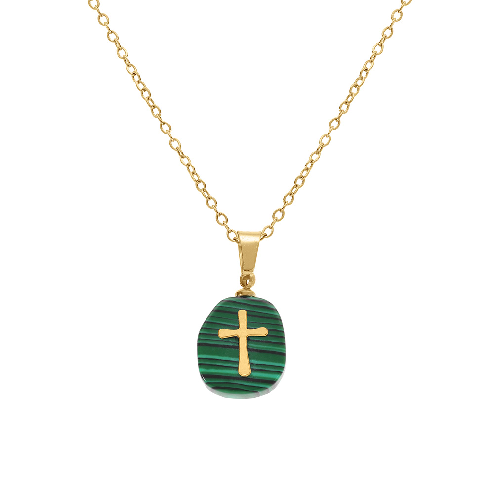 Collier en acier dor� avec pendentif malachite v�ritable avec croix 40+6cm - Vue 1