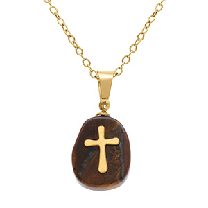 Collier en acier dor� avec pendentif oeil de tigre marron imitation avec,croix,  40+6cm
