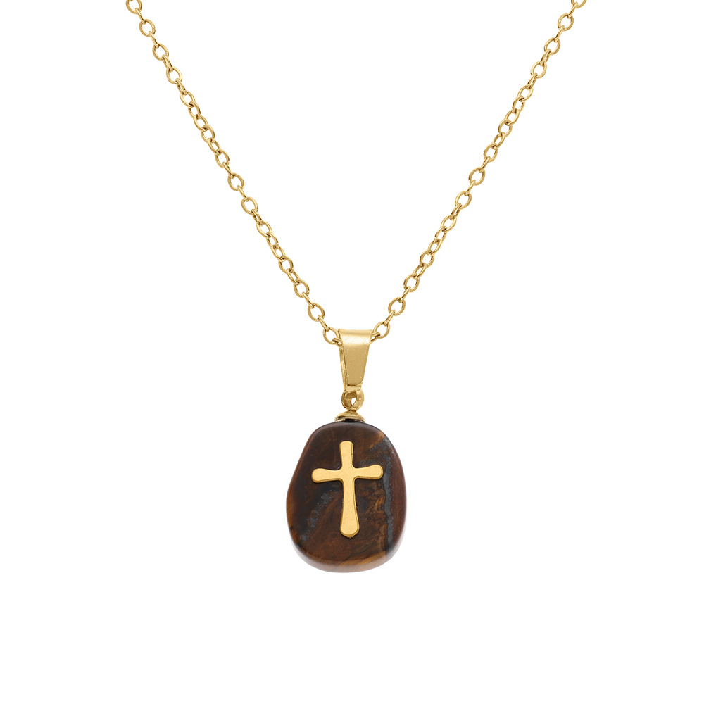 Collier en acier dor� avec pendentif oeil de tigre marron v�ritable avec,croix,  40+6cm - Vue 1