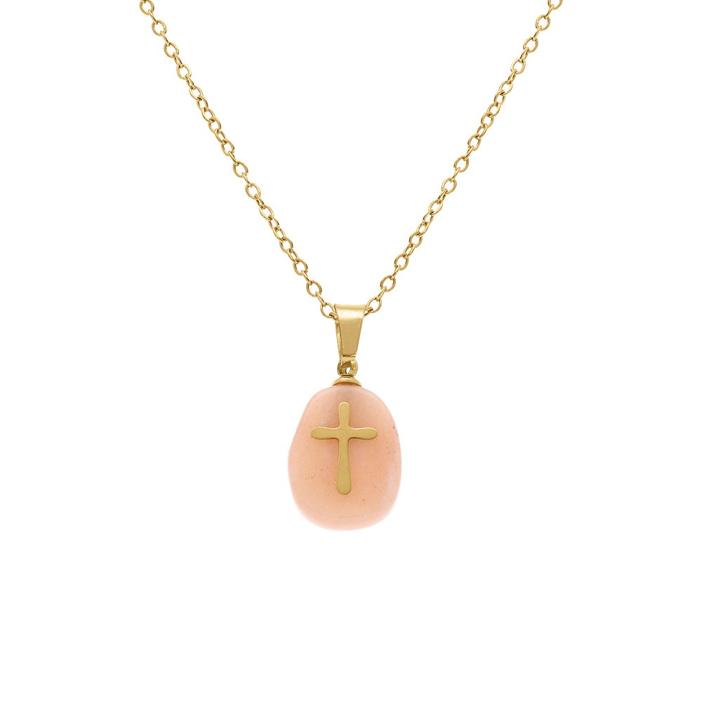 Collier en  acier dor� avec pendentif quartz rose v�ritable avec croix, 40+6cm - Vue 1