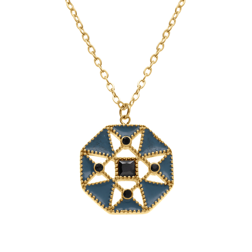 Collier en acier dor� avec pendentif r�sine bleu et oxydes blancs, 40+5cm - Vue 1