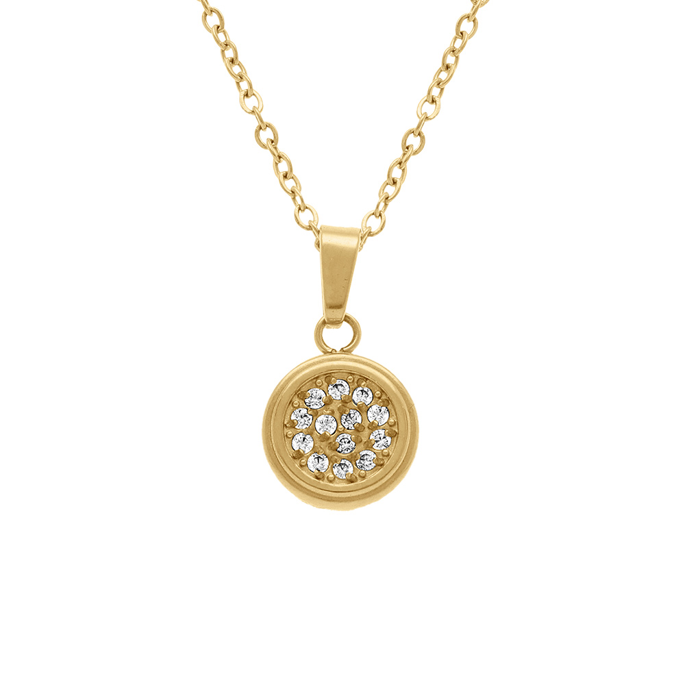 Collier en acier dor� avec pendentif rond et oxydes blancs sertis,  42+5cm - Vue 1