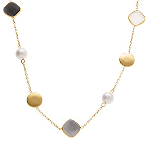Collier en acier dor�  avec perle blanche imitation et pierre noire effet oeil de chat  - 40+5cm