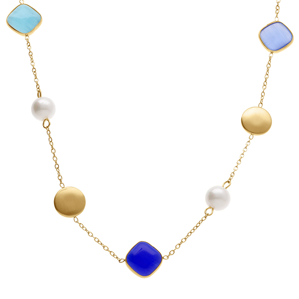 Collier en acier dor� avec perle blanche imitation et pierres bleues effet oeil de chat - 40+5cm - Vue 1